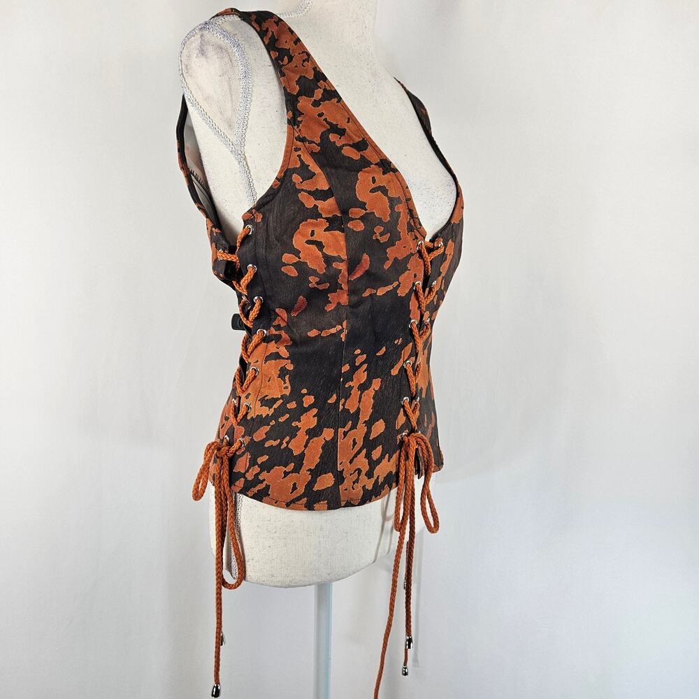 PrettyLittleThing Brown Black Cow Print Woven Scoop Neck Lace Up Cropped Top 12 - Picture 7 of 16